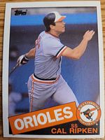 Front of 1985 Topps Cal Ripken card showing player image and team banner