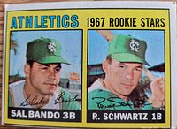 Front of Topps 1967 Athletics Rookie Stars baseball card showing Sal Bando and Randy Schwartz portraits