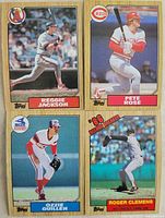 Four sample 1987 Topps cards: Reggie Jackson, Pete Rose, Ozzie Guillen, Roger Clemens