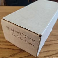 Closed white card storage box labelled '92 Upper Deck Top Prospects'