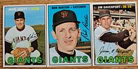 Front of three 1967 Topps Giants cards Jack Hiatt, Bob Barton, Jim Davenport