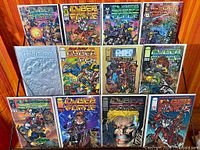Front covers of 12 key early Cyber Force issues displayed on rack