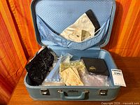 Open blue suitcase showing all contents