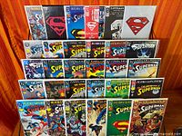 Front view showing entire collection of bagged comics on rack