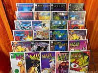 Front view showing full assortment of bagged Dark Horse comics on rack