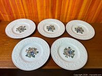 Group shot of five dinner plates showing pattern and quantity