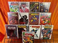 Full rack view showing all fifteen bagged Wolverine comics