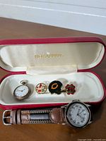 overview of two watches and three pins in Sheaffer case