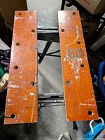 Top view of workbench showing two wood jaws with dog holes