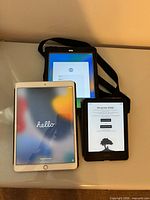 Front view of both iPads and Kindle powered on inside and on case