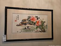 Full view of framed painting with mat and bamboo-style frame
