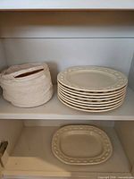 Stack of eight dinner plates beside quilted storage carrier on shelf, oval platter on lower shelf
