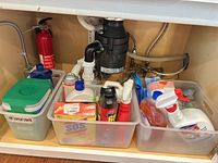 Overall view under sink showing two plastic bins filled with assorted cleaning supplies
