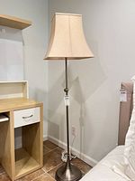 Full view of floor lamp with shade, pole and base