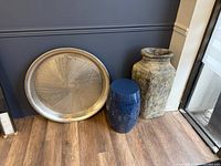 Group shot showing tray, stool, and vase together