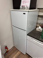 Front view of Danby compact refrigerator beside countertop and dishwasher