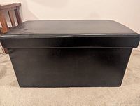 Full view of closed black storage bench showing exterior condition and overall form