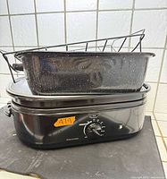 roaster oven base with temperature dial, enamel roasting pan, rack