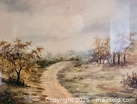 Close view of painting showing landscape details