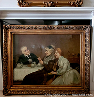 Frontal view of framed oil painting hung