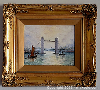 Frontal view of framed oil painting showing full artwork and frame