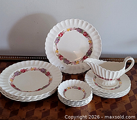 Full group view of Spode dinnerware lot showing all pieces