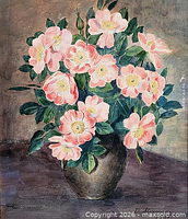 Close view of watercolor showing pink flowers, vase, signature