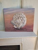Front view of gouache seashell painting on wood panel