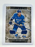 Front of Jake Neighbours Artifacts card showing image, dual swatches, serial number