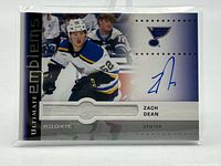 Front view of Zach Dean Ultimate Collection Rookie Emblems autographed card