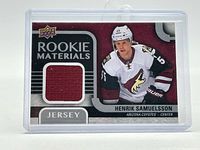 Front of Rookie Materials card showing Henrik Samuelsson image and jersey swatch