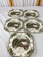 Five Johnson Bros Friendly Village bowls front view