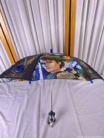 Umbrella fully opened showing character-printed canopy