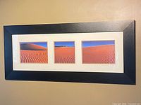 Front view showing black frame, white mat, three desert photographs
