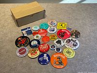 Group shot of entire lot showing all buttons, enamel pin, Obama card and box