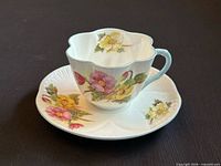 Teacup on saucer showing floral decoration and shape