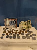 Group shot of two Dutch banknotes and array of mixed coins