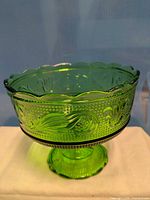 Green pressed glass compote overall view