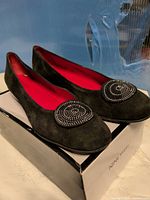 Side view of both shoes on box showing suede texture and bead ornament