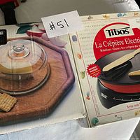 Boxed teak cheese tray with glass dome and boxed Tibos electric crepe maker