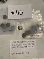 Overview showing multiple Liberty Head nickels in plastic bags and loose with handwritten lot card #110