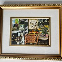 Full view of framed mixed media artwork in gold frame with mat