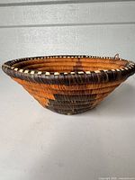 Side profile of coiled raffia basket showing conical shape and color bands