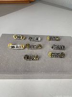 All seven lapel pins front view showing lettering and clutches