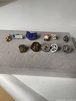 All eleven pins displayed on grey board