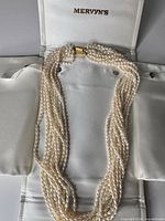 Necklace displayed in open satin-lined Mervyn’s case showing multi-strand construction and clasp