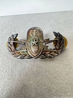 Front view showing laurel wreath, shield with star, lightning bolts, brass clutches