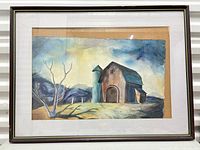Front view of framed barn watercolour with mat and frame details visible
