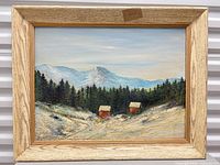 front view of framed mountain landscape showing art and frame