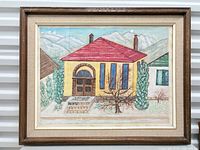 Front view of framed painting showing artwork, matting and frame